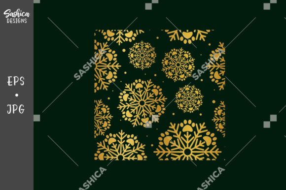 Snowflakes Paw Prints Green Gold Pattern